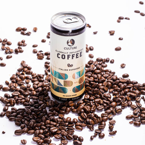 Culturi coffee can with Italian Espresso on a background of coffee beans