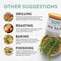 Sea salt container with rosemary on a wooden board, surrounded by text on how to use it for grilling, roasting, baking, and finishing dishes.