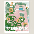 Illustration of a building with sunflowers and 'Washington DC' text on a light gray background