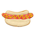 A novelty hot dog costume accessory shaped like a hot dog bun with red icing sausage and yellow icing mustard, isolated on a white background.