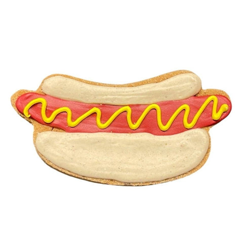 A novelty hot dog costume accessory shaped like a hot dog bun with red icing sausage and yellow icing mustard, isolated on a white background.