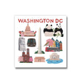 Illustrated poster of Washington DC landmarks with pandas holding flowers.