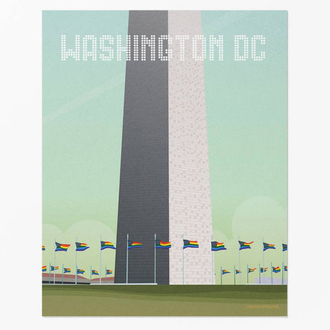 Poster of the Washington Monument with 'Washington DC' text on a light green background