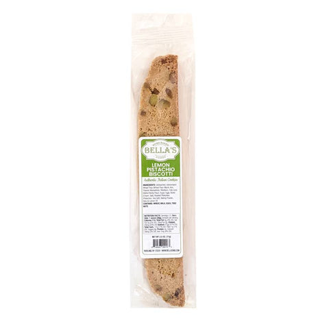 Packaged lemon pistachio biscotti with Bella's branding on a white background
