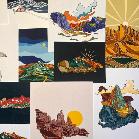 Collage of various landscape illustrations in different styles and colors.