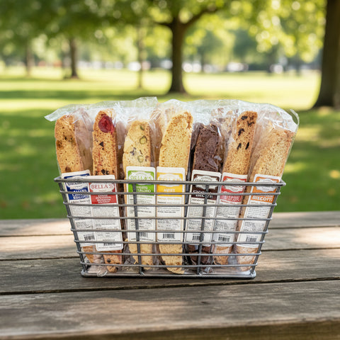 Basket of assorted biscotti with visible brand labels on a white background