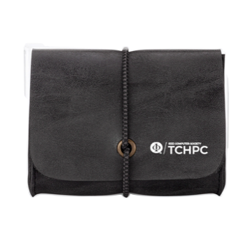 A black textured pouch or organizer with a front flap, a vertical braided strap closure, and a white TCHPC logo printed on the lower right of the flap, shown against a plain white background.