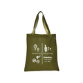 Green tote bag with white graphics and text on a white background