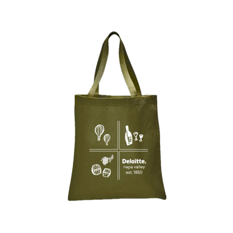 Green tote bag with white graphics and text on a white background