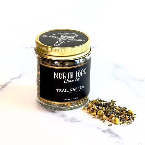 Jar of North Fork Tea Co. Trail Nap Tea with loose tea on a white background