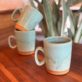 Three ceramic mugs on a wooden surface with a plant in the background