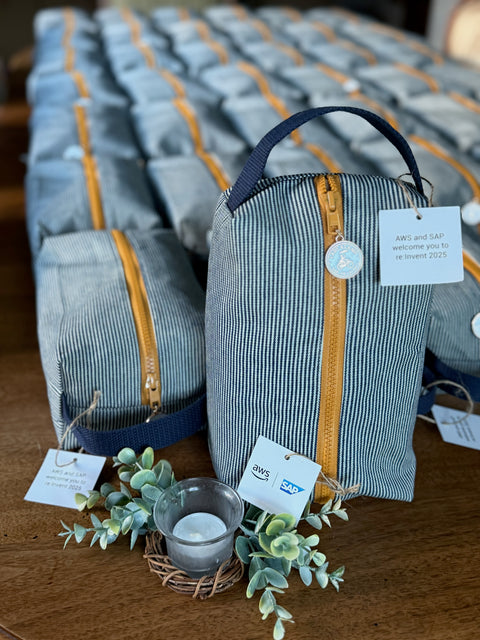 Set of gray toiletry bags with yellow zippers on a wooden surface, surrounded by small plants.