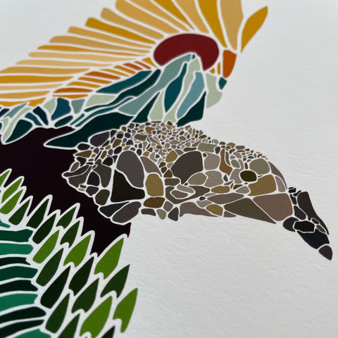 Colorful mosaic art of a rooster on a white background