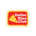 Logo of Dollar Slice Club with a red background and yellow pizza slice.