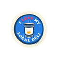 Round sticker with 'I Love My Local Deli' text and a deli lunch bag graphic on a blue background.