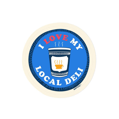 Round sticker with 'I Love My Local Deli' text and a deli lunch bag graphic on a blue background.