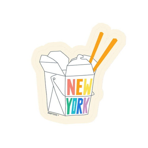 Sticker of a takeout container with chopsticks and 'New York' text on a white background
