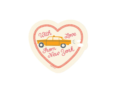 Heart-shaped card with a taxi illustration and 'With Love From New York' text on a white background