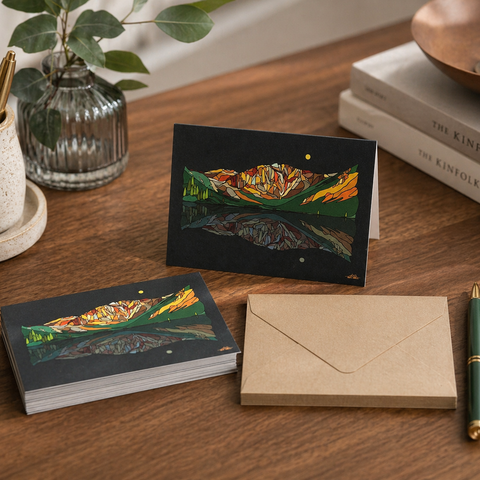 Notebook, card, envelope, and pen on a wooden surface with decorative items.