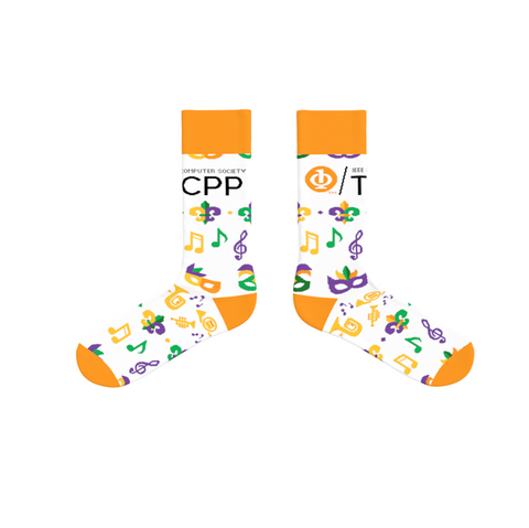 Colorful socks with musical notes and symbols on a white background