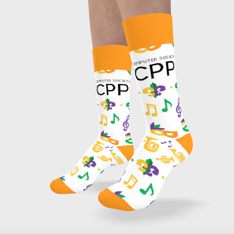 White socks with colorful patterns and 'CPP' text worn by a person on a light gray background