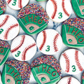 Cookies shaped like baseballs and bases with 'THEO' and number '3' on a white background