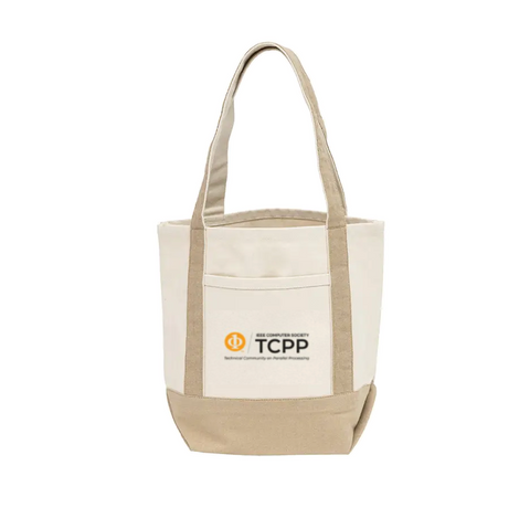 Beige tote bag with a logo and text on a white background