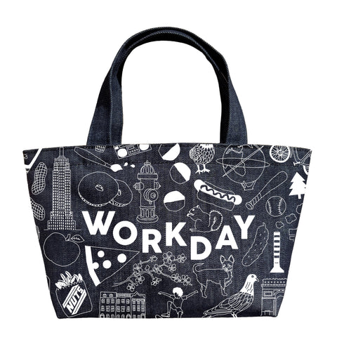 Tote bag with 'WORKDAY' text and black and white pattern on a white background