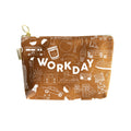 Brown pouch with white illustrations and 'WORKDAY' text on a white background