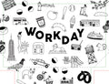 Illustrations of various objects with the word 'WORKDAY' in the center on a white background.