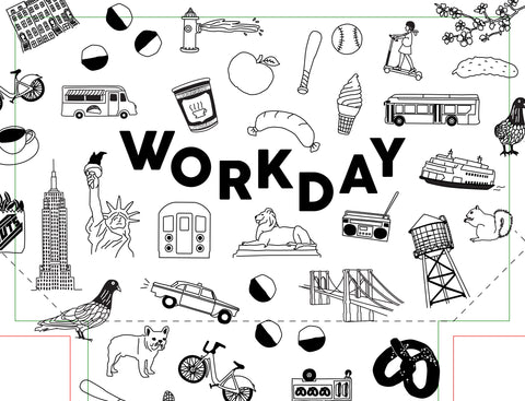 Illustrations of various objects with the word 'WORKDAY' in the center on a white background.