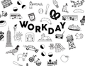 Illustrations of various objects with the word 'WORKDAY' in the center on a white background.