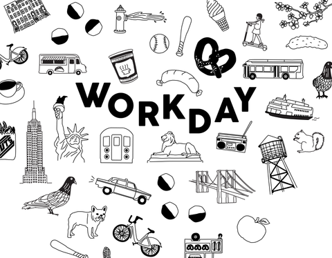 Illustrations of various objects with the word 'WORKDAY' in the center on a white background.