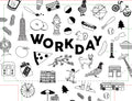 Illustrated pattern with various icons and the word 'WORKDAY' in the center.