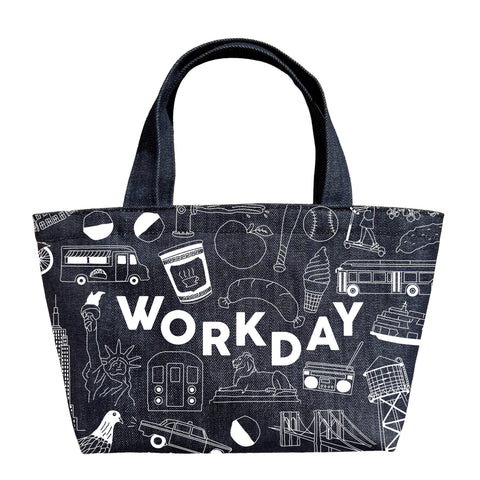 Black tote bag with white graphics and 'WORKDAY' text on a white background
