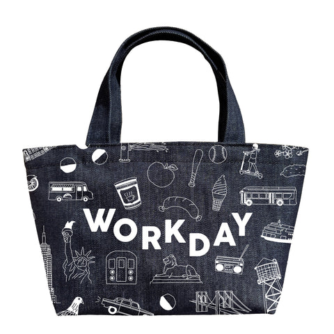 Black tote bag with white graphics and 'WORKDAY' text on a white background