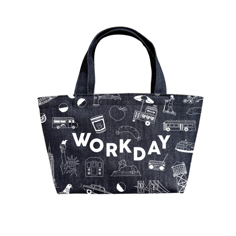 Denim tote bag with 'WORKDAY' text and icons on a white background