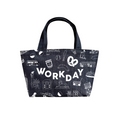 Denim tote bag with 'WORKDAY' text and icons on a white background