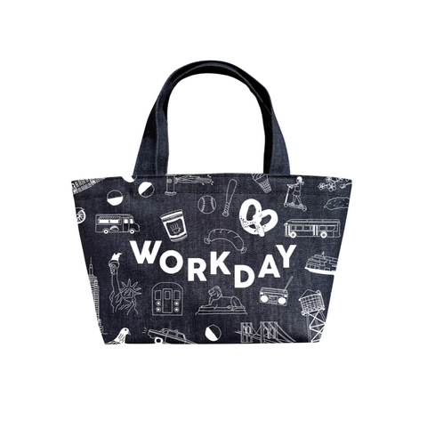 Denim tote bag with 'WORKDAY' text and icons on a white background
