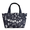 Black tote bag with white icons and 'WORKDAY' text on a white background