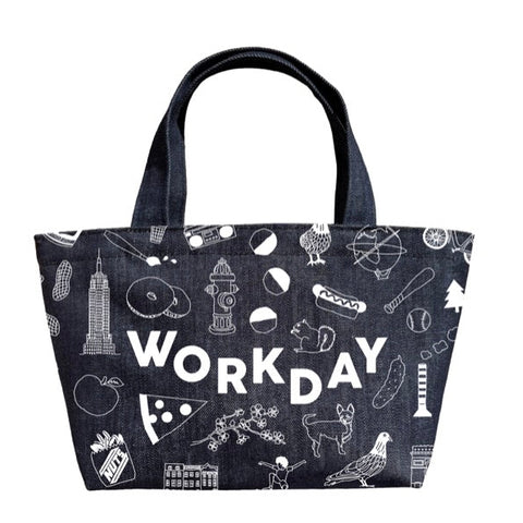 Black tote bag with white icons and 'WORKDAY' text on a white background