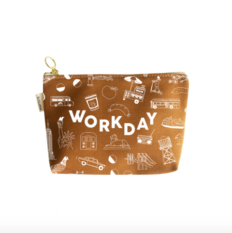 Brown pouch with 'WORKDAY' text and white illustrations on a white background