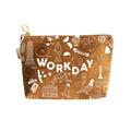 Brown pouch with white illustrations and 'WORKDAY' text on a white background