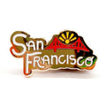 San Francisco-themed enamel pin with bridge design on a white background