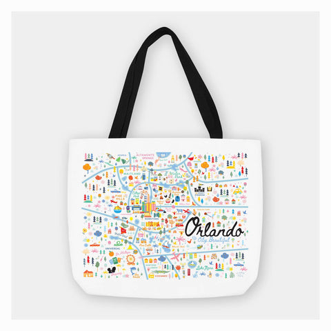 Tote bag with a colorful map of Orlando design on a white background
