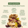 Sweet Deliverance Sour Cherry & Pistachio Rose Granola with ingredient labels on a beige background