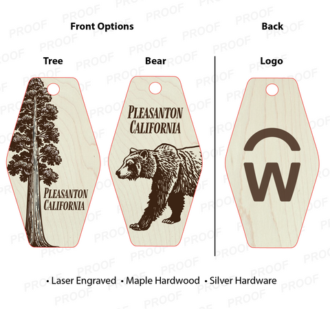 Wooden tags with tree, bear, and logo designs on a white background.