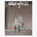 Illustration of two people holding hands in front of a statue with 'Washington DC' text above.