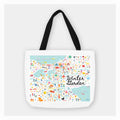 Tote bag with a colorful map design and 'Winter Glander' text on a white background