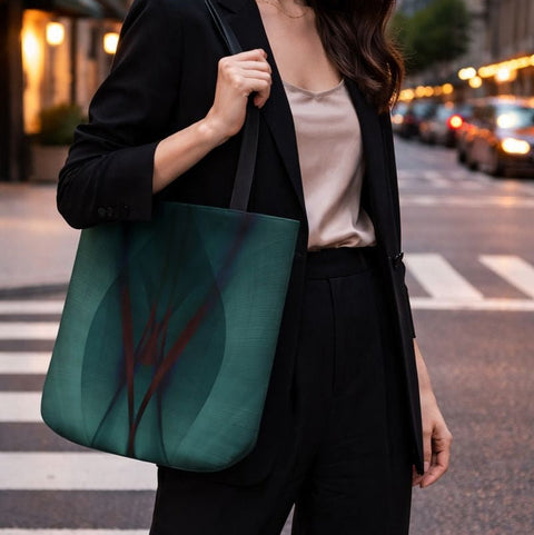 Woman holding a green bag on a city street